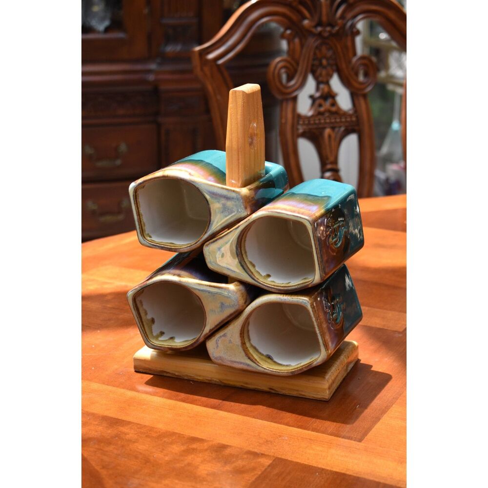 Padilla Mexican Pottery Kokopelli Mugs Set of 4 Wood Mug Tree Signed Drip Glaze
